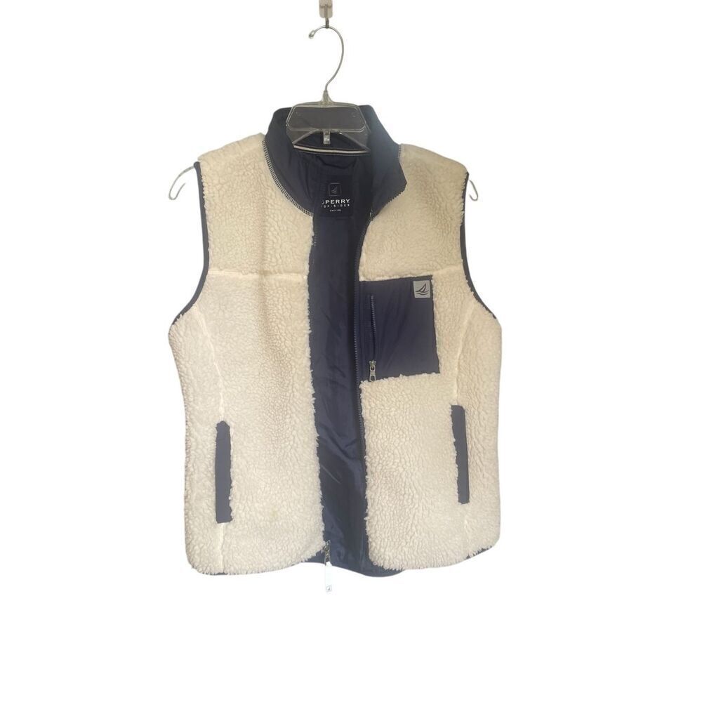 COPY - Sperry Topsider Full Zip Sherpa Fleece Vest Navy Tan Size M